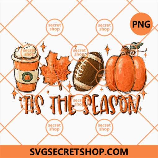 Tis The Season Pumpkin Leaf Latte Fall Thanksgiving Football PNG